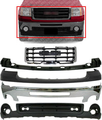 Front Bumper Steel + Grille Chrome Shell/Paintable Insert + Upper Cover Primed + Lower Valance Textured + Bracket Direct Replacement Compatible With GMC Sierra 1500 2007-2013
