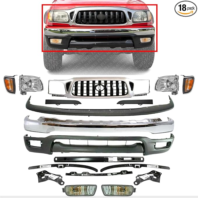 AUTOS PARTS PLUS Front Bumper + Grille + Fillers + Valance + Reinforcement + Head & Corner Lights + Fog Lamp + Bracket Set Of 5 LH & RH Side Direct Replacement Compatible With Toyota Tacoma 2001-2004