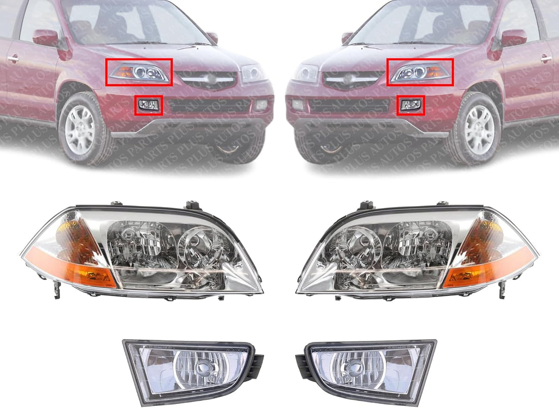 Front Head Light + Fog Lamp Lens And Housing Right Passenger & Left Driver Side Direct Replacement Compatible With 2001-2003 Acura MDX AC2519103 AC2518103 AC2592103 AC2593103