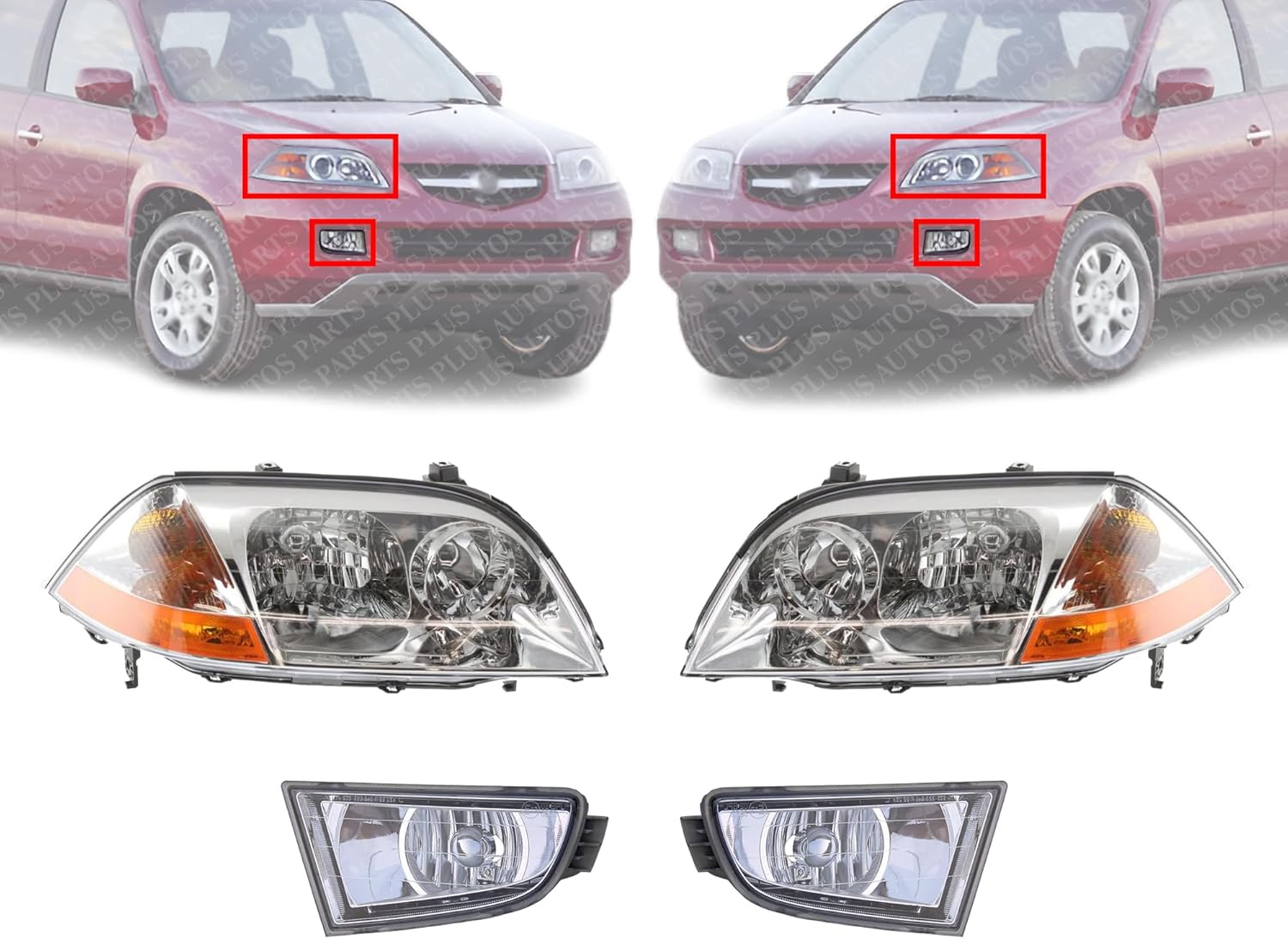 Front Head Light + Fog Lamp Lens And Housing Right Passenger & Left Driver Side Direct Replacement Compatible With 2001-2003 Acura MDX AC2519103 AC2518103 AC2592103 AC2593103