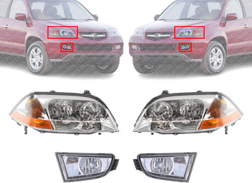 Front Head Light + Fog Lamp Lens And Housing Right Passenger & Left Driver Side Direct Replacement Compatible With 2001-2003 Acura MDX AC2519103 AC2518103 AC2592103 AC2593103