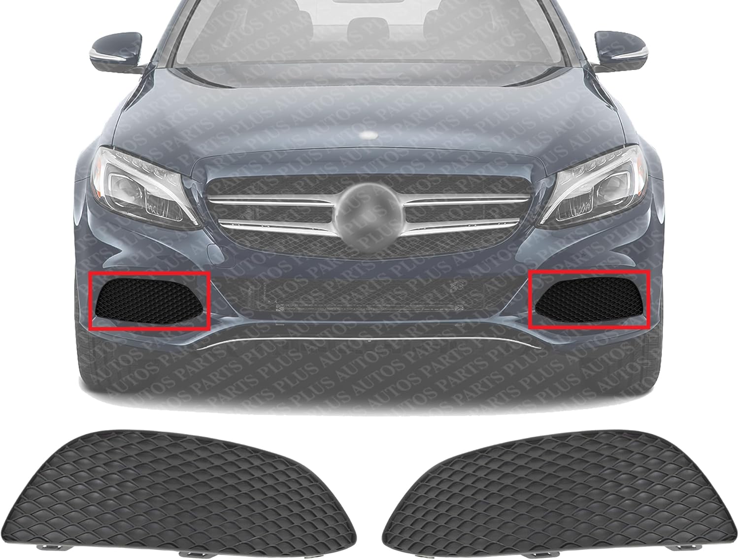 Set Of 2 Front Fog Light Cover Primed Plastic Left Driver & Right Passenger Side Direct Replacement Compatible With 2015-2018 Mercedes Benz C300 MB1038172 MB1039172