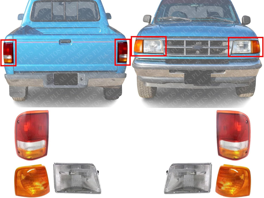 AUTOS PARTS PLUS Front Headlights Assembly + Corners + Tail Lights Right Passenger & Left Driver Side Direct Replacement Compatible With 1993-1997 Ford Ranger FO2503115 FO2502119 FO2520118