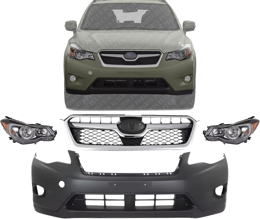 Front Bumper Cover Primed + Grille With Chrome Trims + Head Lights Left Driver And Right Passenger Side Direct Replacement Compatible With 2013-2015 Subaru XV Crosstrek