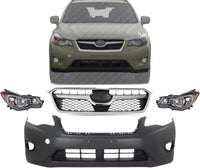 Front Bumper Cover Primed + Grille With Chrome Trims + Head Lights Left Driver And Right Passenger Side Direct Replacement Compatible With 2013-2015 Subaru XV Crosstrek