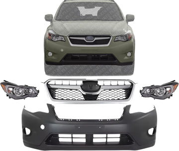 Front Bumper Cover Primed + Grille With Chrome Trims + Head Lights Left Driver And Right Passenger Side Direct Replacement Compatible With 2013-2015 Subaru XV Crosstrek