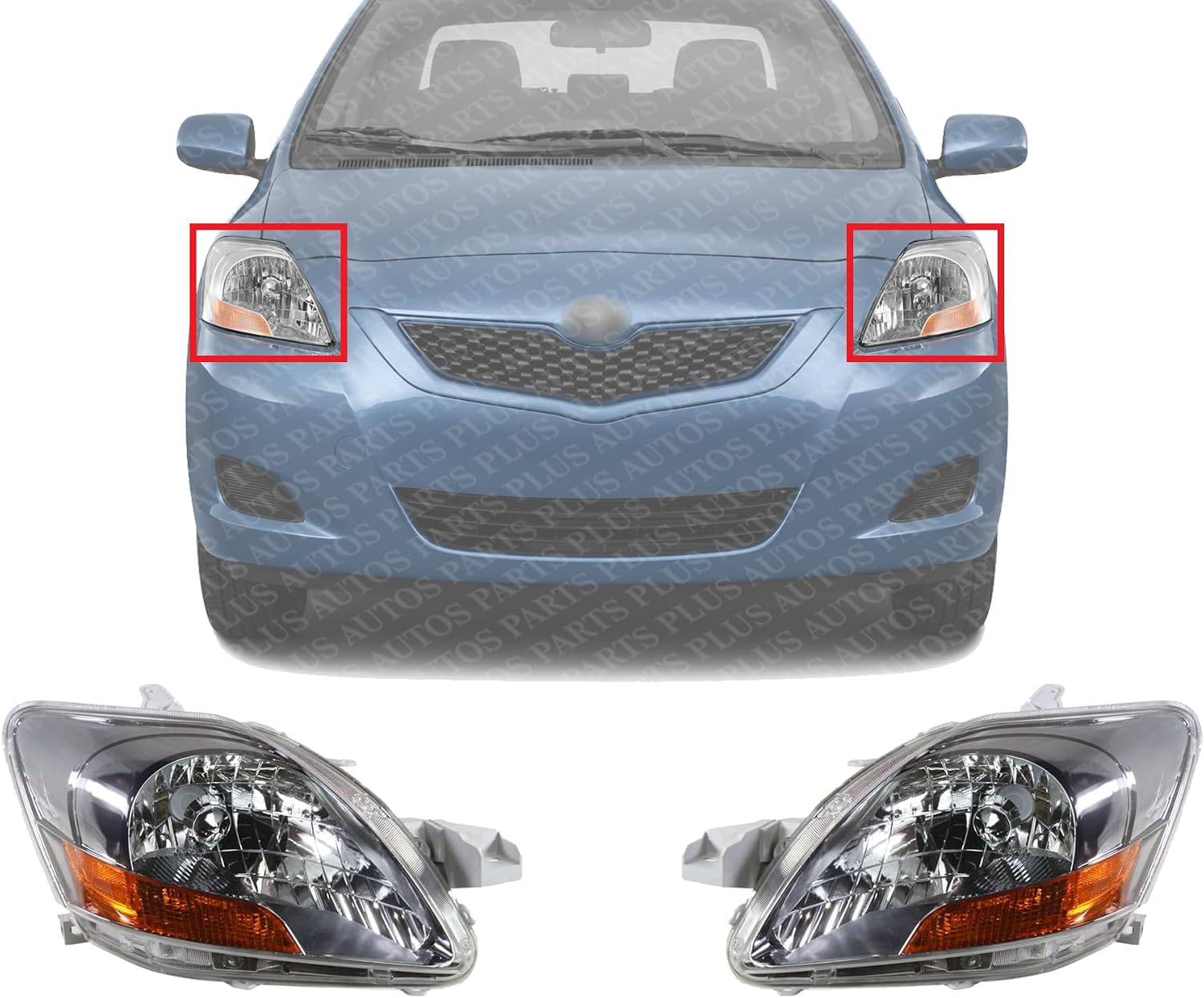 Set Of 2 Front Headlight Lens And Housing Right Passenger & Left Driver Side Direct Replacement Compatible With 2007-2011 Toyota Yaris TO2518120 TO2519120 8117052A80 8113052A90