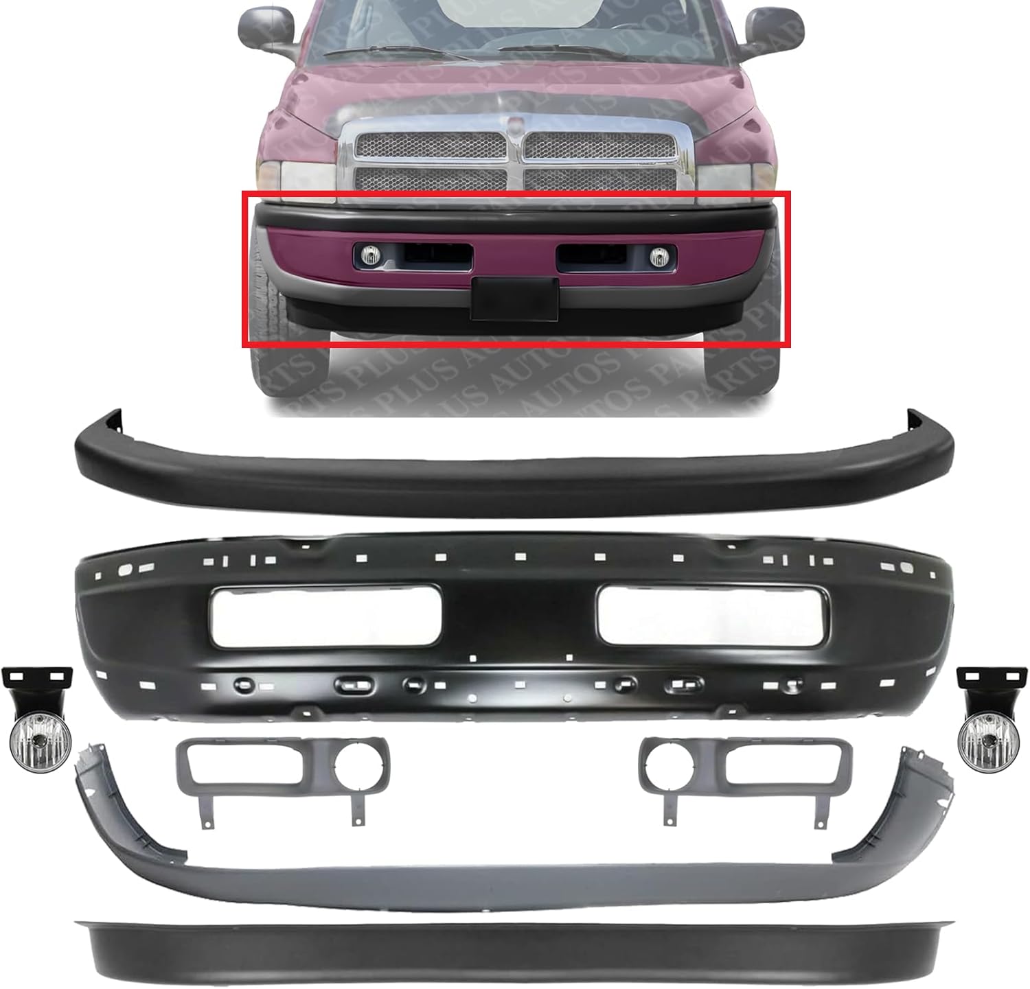 Front Bumper Primed Steel + Upper + Lower Cover + Valance + Fog Light + Bezel Cover Left & Right Side Direct Replacement Compatible with 1994-2001 Dodge Ram 1500/1994-02 Ram 2500 3500