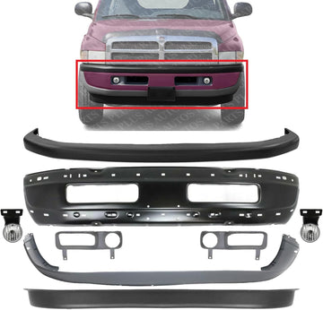 Front Bumper Primed Steel + Upper + Lower Cover + Valance + Fog Light + Bezel Cover Left & Right Side Direct Replacement Compatible with 1994-2001 Dodge Ram 1500/1994-02 Ram 2500 3500