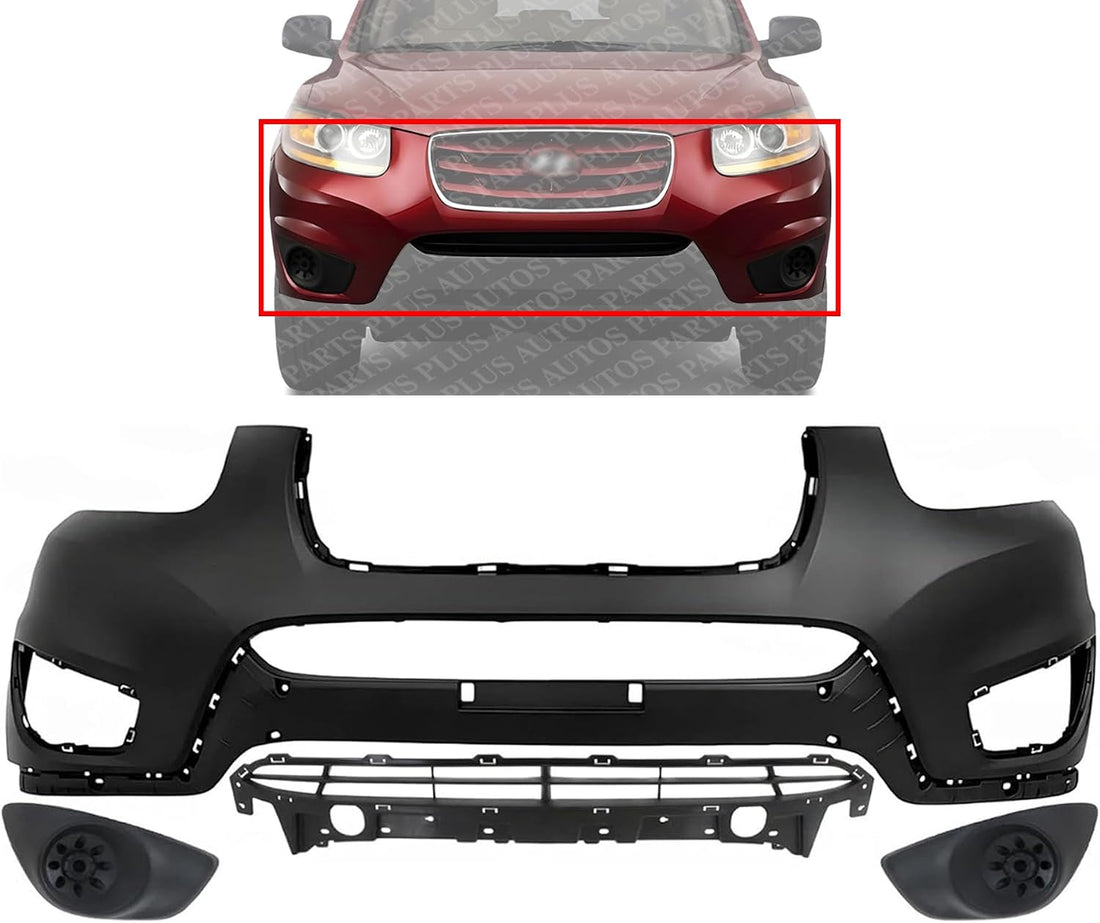 Front Bumper Cover Primed Plastic + Lower Grille Textured + Fog Light Cover Left Driver & Right Passenger Side Direct Replacement Compatible With 2010-2012 Hyundai Santa Fe