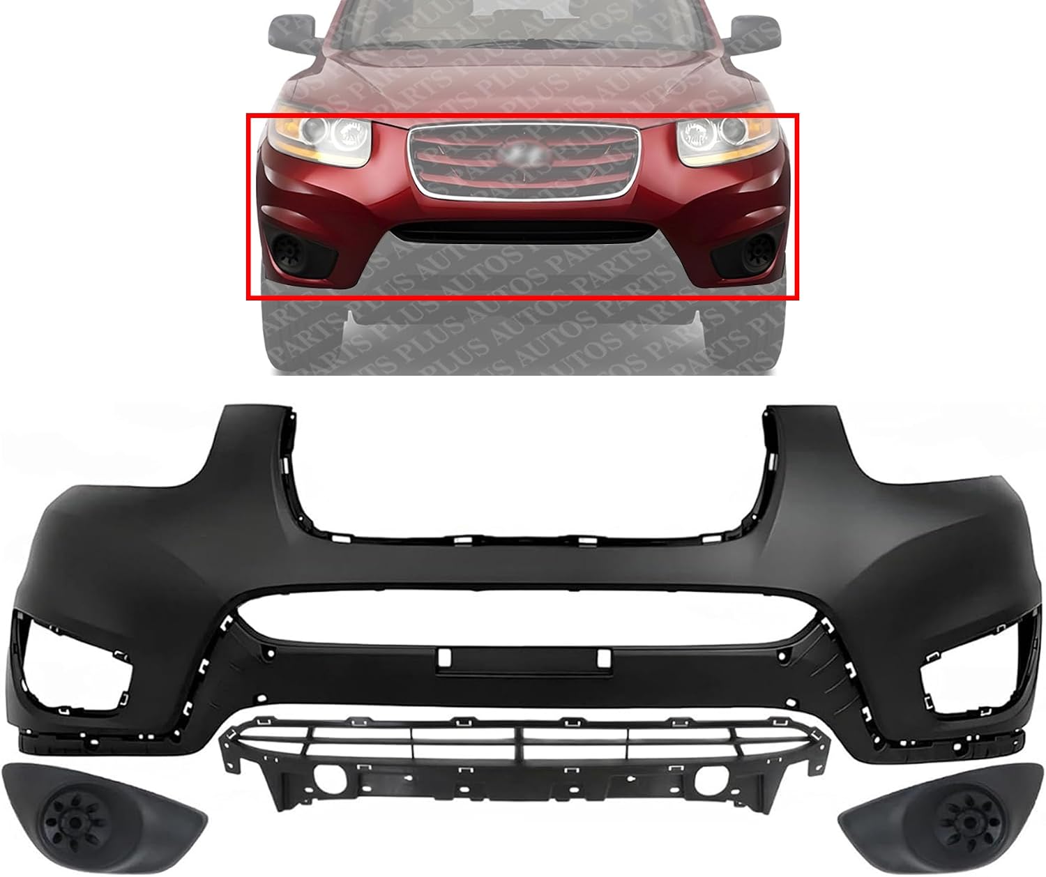 Front Bumper Cover Primed Plastic + Lower Grille Textured + Fog Light Cover Left Driver & Right Passenger Side Direct Replacement Compatible With 2010-2012 Hyundai Santa Fe