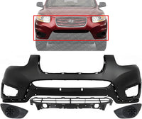 Front Bumper Cover Primed Plastic + Lower Grille Textured + Fog Light Cover Left Driver & Right Passenger Side Direct Replacement Compatible With 2010-2012 Hyundai Santa Fe