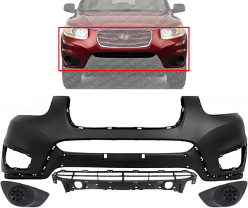 Front Bumper Cover Primed Plastic + Lower Grille Textured + Fog Light Cover Left Driver & Right Passenger Side Direct Replacement Compatible With 2010-2012 Hyundai Santa Fe