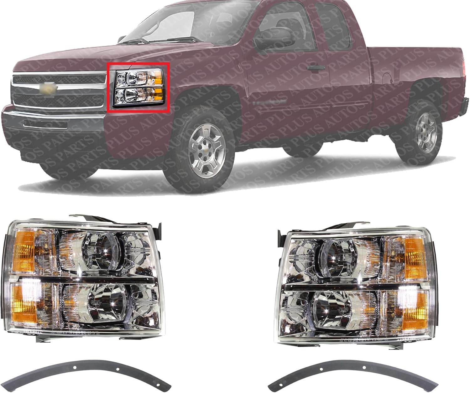 Front Bumper Outer Filler Primed Plastic + Headlight Assembly Left Driver & Right Passenger Side Direct Replacement Compatible With 2007-2013 Chevrolet Silverado 1500 GM2502280