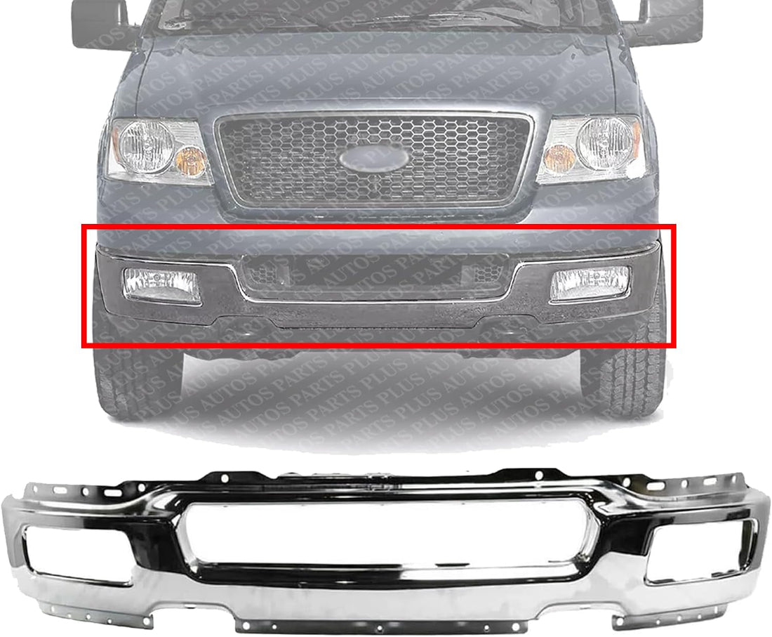 Front Bumper Face Bar Chrome Steel With Fog Light Holes Direct Replacement Compatible With 2004-2006 Ford F-150 FO1002390 4L3Z17757BA