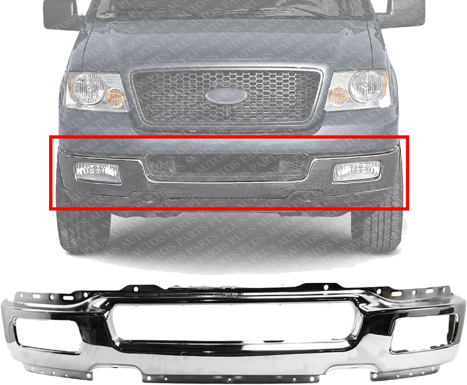 Front Bumper Face Bar Chrome Steel With Fog Light Holes Direct Replacement Compatible With 2004-2006 Ford F-150 FO1002390 4L3Z17757BA