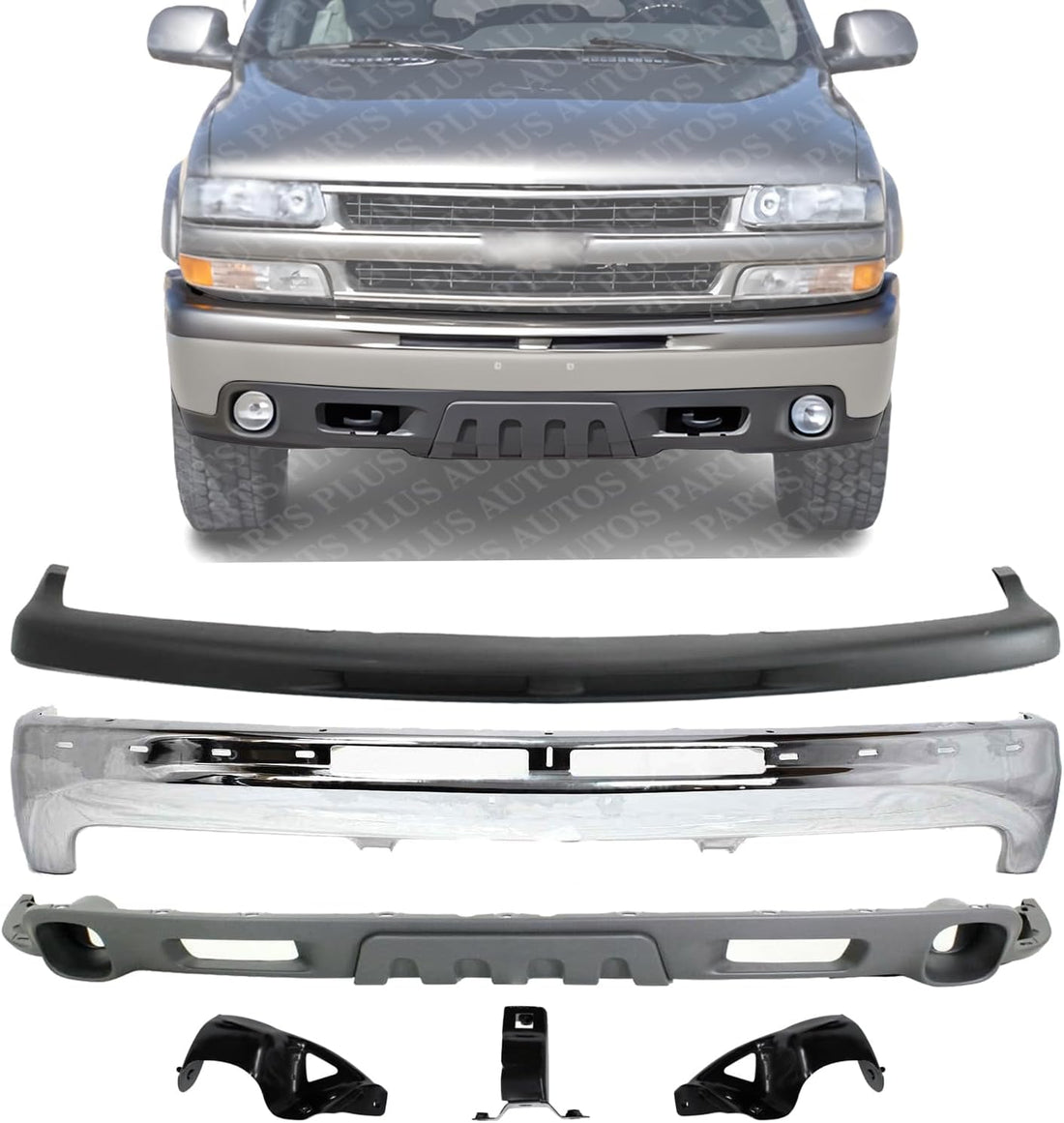 Front Bumper Chrome Steel With Brackets + Upper Cover + Lower Valance Air Deflector Textured Gray Direct Replacement Compatible With 2000-2006 Chevrolet Tahoe GM1003127 GM1051103