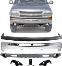 Front Bumper Chrome Steel With Brackets + Upper Cover + Lower Valance Air Deflector Textured Gray Direct Replacement Compatible With 2000-2006 Chevrolet Tahoe GM1003127 GM1051103