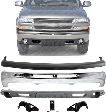 Front Bumper Chrome Steel With Brackets + Upper Cover + Lower Valance Air Deflector Textured Gray Direct Replacement Compatible With 2000-2006 Chevrolet Tahoe GM1003127 GM1051103