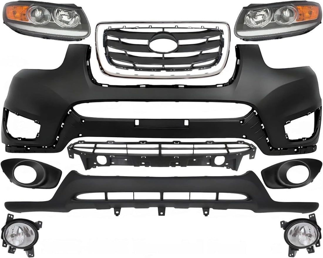 Front Bumper Cover + Valance + Upper & Lower Grille + Molding Chrome + Headlight + Fog Light + Trim Left & Right Side Direct Replacement Compatible With 2010-2012 Hyundai Santa Fe