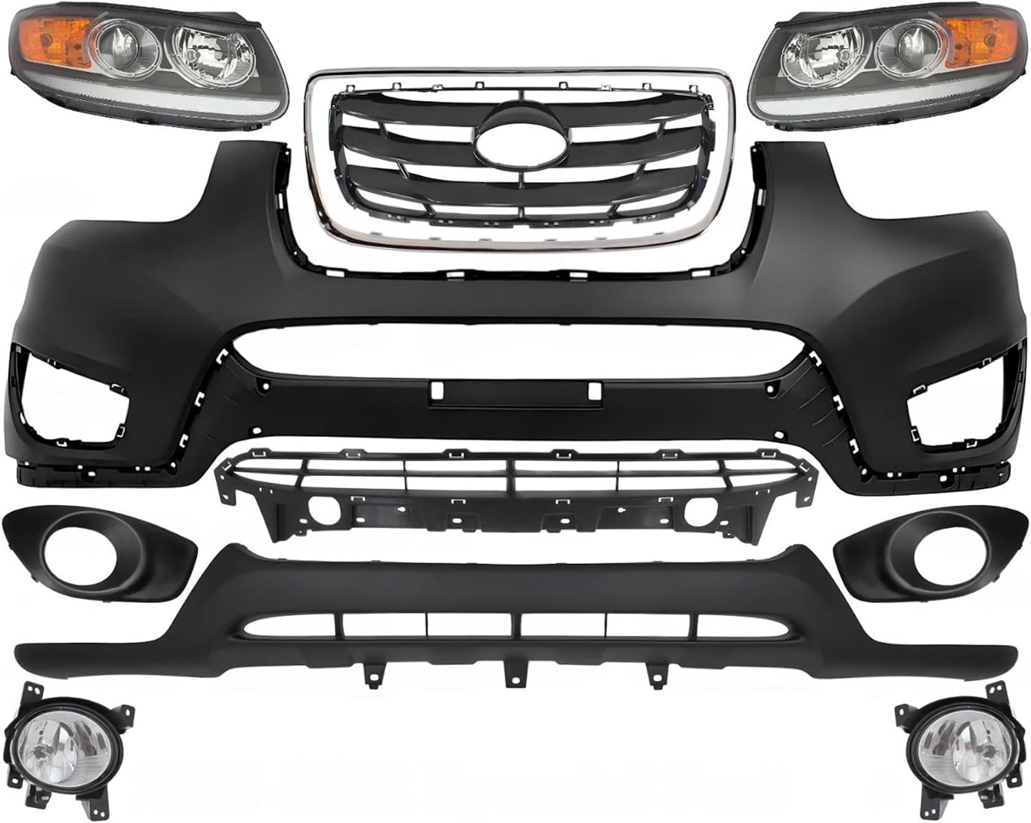 Front Bumper Cover + Valance + Upper & Lower Grille + Molding Chrome + Headlight + Fog Light + Trim Left & Right Side Direct Replacement Compatible With 2010-2012 Hyundai Santa Fe