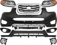 Front Bumper Cover + Valance + Upper & Lower Grille + Molding Chrome + Headlight + Fog Light + Trim Left & Right Side Direct Replacement Compatible With 2010-2012 Hyundai Santa Fe