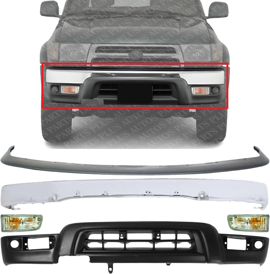 AUTOS PARTS PLUS Front Bumper Chrome + Upper Filler + Lower Valance Primed + Signal Light Right Passenger & Left Driver Side Direct Replacement Compatible With 1999-2002 Toyota 4Runner TO1095182