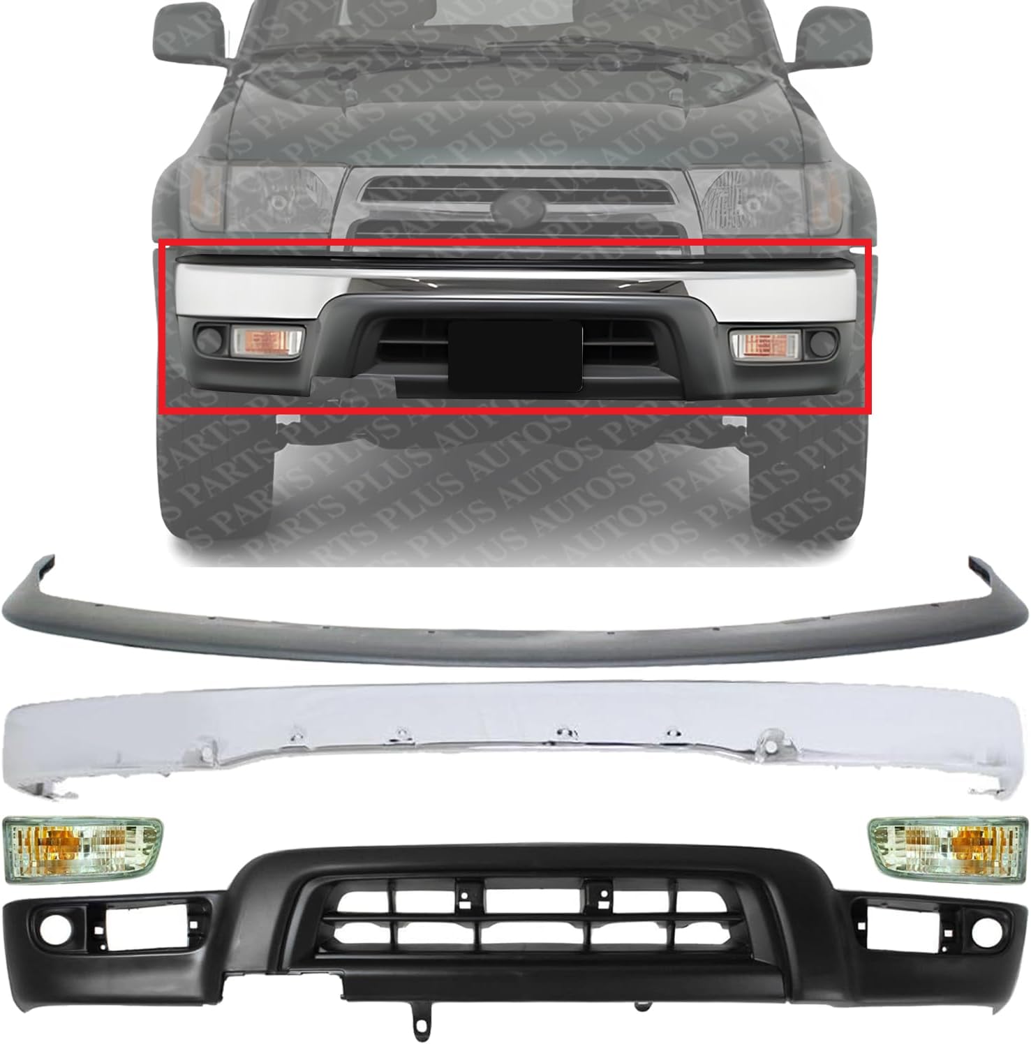 AUTOS PARTS PLUS Front Bumper Chrome + Upper Filler + Lower Valance Primed + Signal Light Right Passenger & Left Driver Side Direct Replacement Compatible With 1999-2002 Toyota 4Runner TO1095182