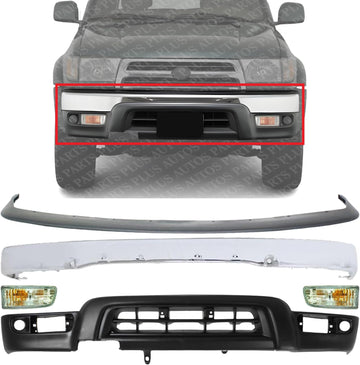 AUTOS PARTS PLUS Front Bumper Chrome + Upper Filler + Lower Valance Primed + Signal Light Right Passenger & Left Driver Side Direct Replacement Compatible With 1999-2002 Toyota 4Runner TO1095182