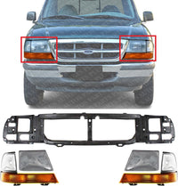Front Header Panel Thermoplastic And Fiberglass + Headlights Assembly + Corner Lamps Left Driver & Right Passenger Side Direct Replacement Compatible With 1998-2000 Ford Ranger