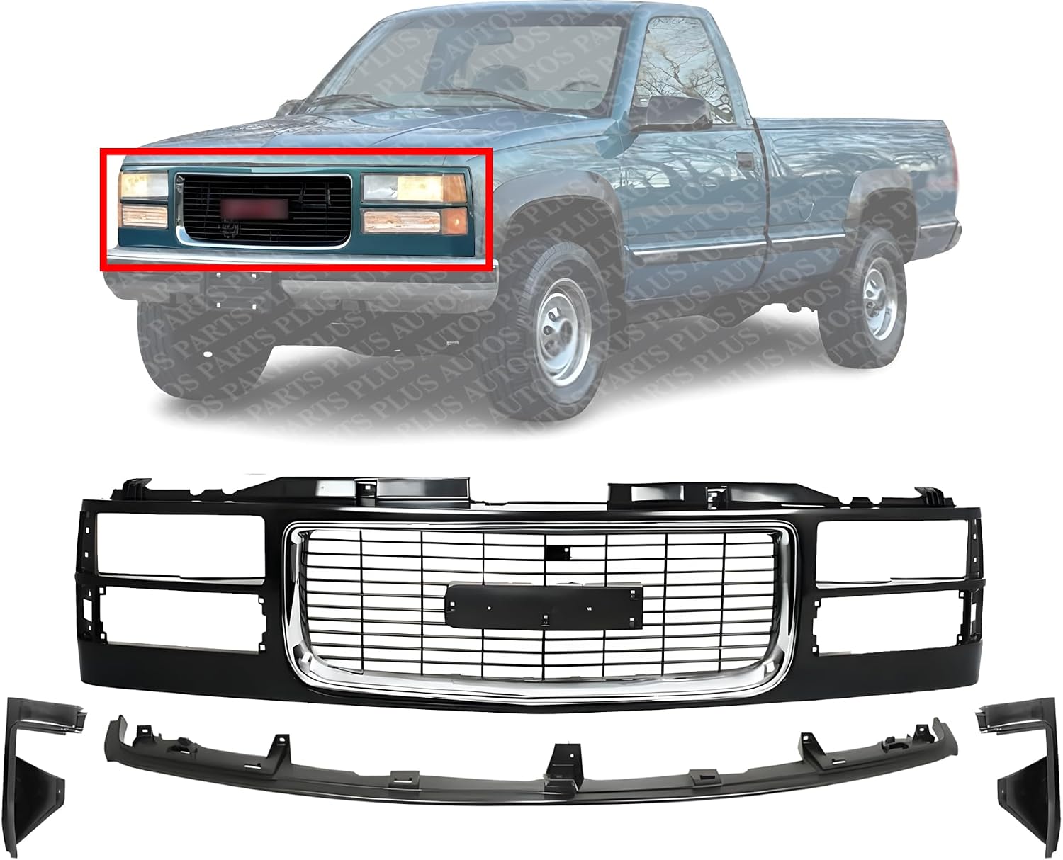 Front Grille Primed Shell With Chrome Insert + Extension + Fillers Left Driver & Right Passenger Side Direct Replacement Compatible With 1994-2000 GMC C/K-Series GM1088153 GM1089153