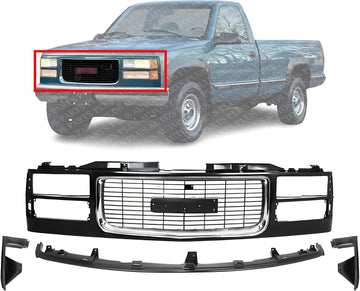 Front Grille Primed Shell With Chrome Insert + Extension + Fillers Left Driver & Right Passenger Side Direct Replacement Compatible With 1994-2000 GMC C/K-Series GM1088153 GM1089153