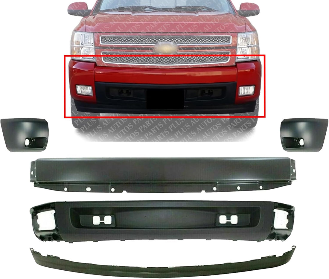 Front Bumper Primed + Lower Valance + Extension Textured + Set Of 2 End Cap Right Passenger & Left Driver Side Direct Replacement Compatible With Chevrolet Silverado 1500 2007-2013