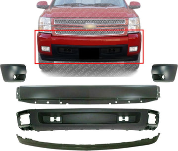 Front Bumper Primed + Lower Valance + Extension Textured + Set Of 2 End Cap Right Passenger & Left Driver Side Direct Replacement Compatible With Chevrolet Silverado 1500 2007-2013