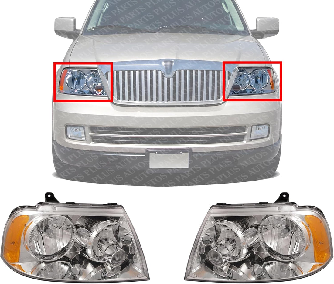 Set Of 2 Front Head Light Assembly Halogen Plastic Left Driver & Right Passenger Side Direct Replacement Compatible With 2003-2006 Lincoln Navigator FO2503209 FO2502209
