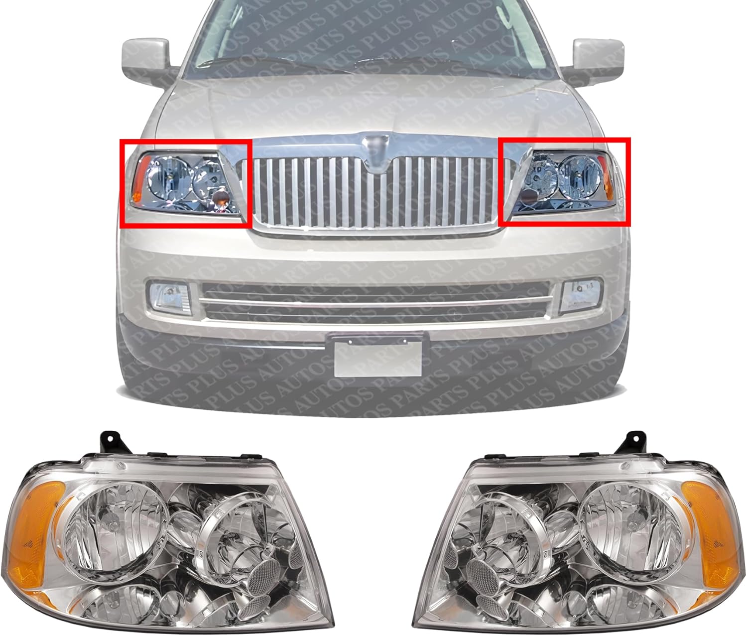 Set Of 2 Front Head Light Assembly Halogen Plastic Left Driver & Right Passenger Side Direct Replacement Compatible With 2003-2006 Lincoln Navigator FO2503209 FO2502209