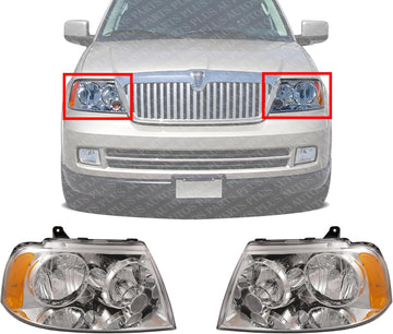 Set Of 2 Front Head Light Assembly Halogen Plastic Left Driver & Right Passenger Side Direct Replacement Compatible With 2003-2006 Lincoln Navigator FO2503209 FO2502209