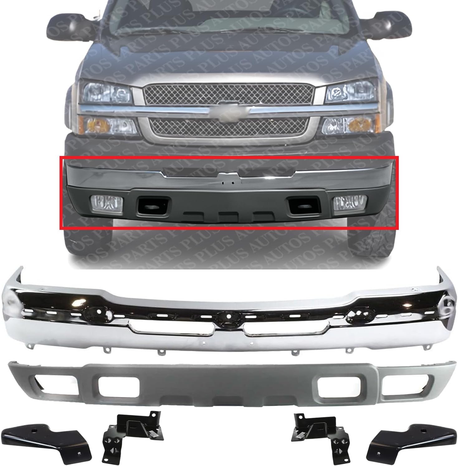 Front Bumper Chrome With Bracket + Lower Valance Air Deflector Textured Gray Direct Replacement Compatible With 2002-2006 Chevrolet Avalanche / 2003-2006 Silverado 1500 2500HD 3500