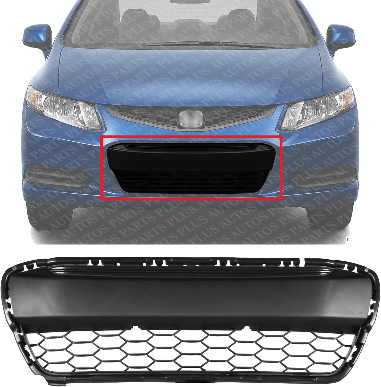 Front Bumper Grille Textured Gray Plastic Direct Replacement Compatible With 2012-2013 Honda Civic HO1036111 71105TS8A01