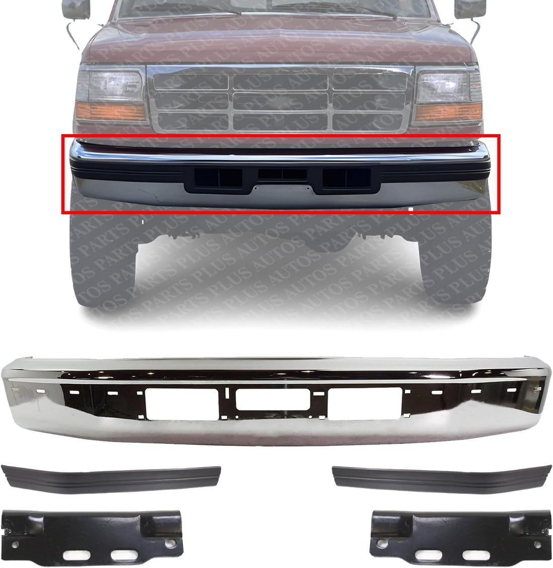 Front Bumper Chrome Steel + Moldings + Arm Mounting Brackets Left Driver & Right Passenger Side Direct Replacement Compatible With Ford F-Series & Bronco 1992-1996 FO1002254