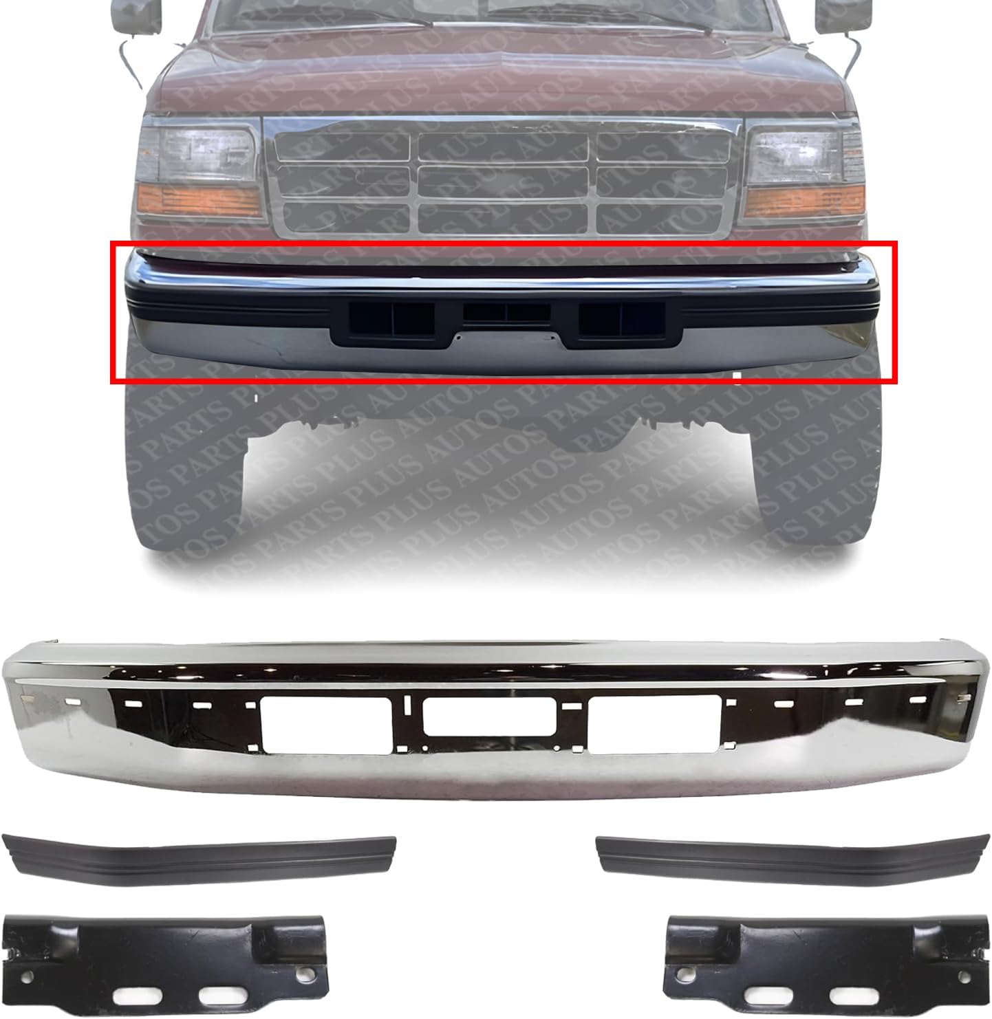 Front Bumper Chrome Steel + Moldings + Arm Mounting Brackets Left Driver & Right Passenger Side Direct Replacement Compatible With Ford F-Series & Bronco 1992-1996 FO1002254