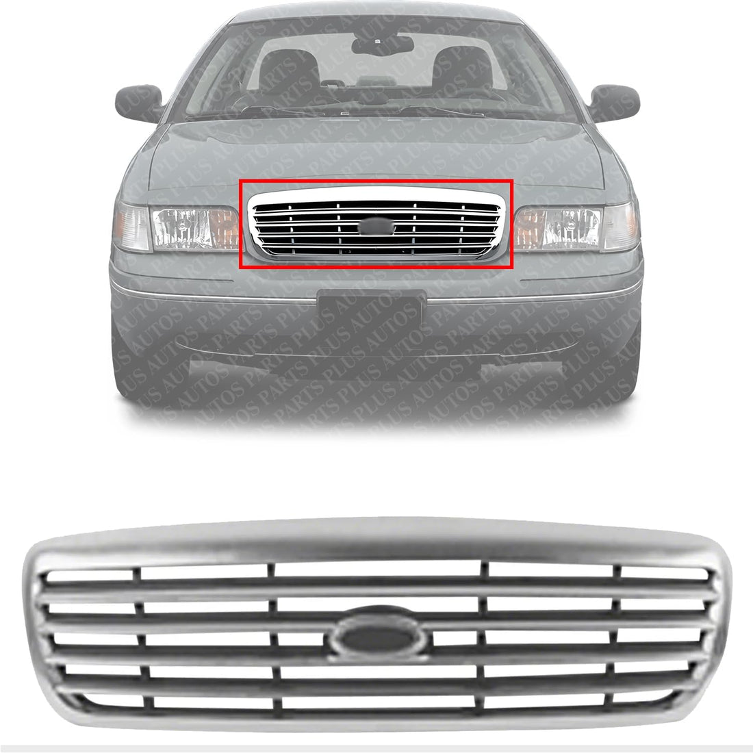 Front Grille Chrome Shell & Insert Plastic Direct Replacement Compatible With 1998-2011 Ford Crown Victoria 6W7Z8200BA-PFM