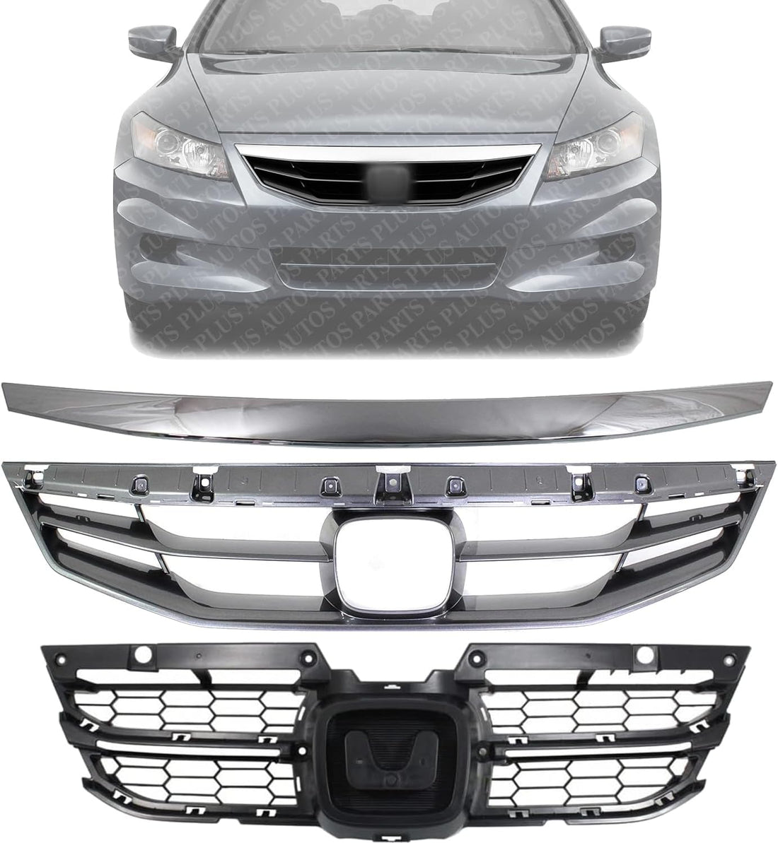 AUTOS PARTS PLUS Front Grille Painted Gray + Mesh Insert Primed + Molding Chrome Direct Replacement Compatible With 2011-2012 Honda Accord HO1200202 HO1223103 HO1210135 71121TE0A11ZA 71124TE0A11