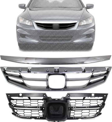 AUTOS PARTS PLUS Front Grille Painted Gray + Mesh Insert Primed + Molding Chrome Direct Replacement Compatible With 2011-2012 Honda Accord HO1200202 HO1223103 HO1210135 71121TE0A11ZA 71124TE0A11