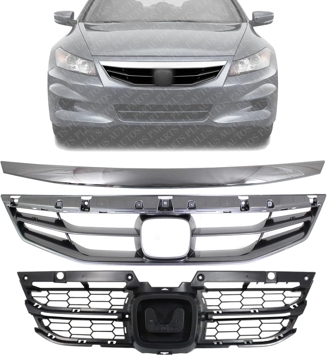 AUTOS PARTS PLUS Front Grille Painted Gray + Mesh Insert Primed + Molding Chrome Direct Replacement Compatible With 2011-2012 Honda Accord HO1200202 HO1223103 HO1210135 71121TE0A11ZA 71124TE0A11