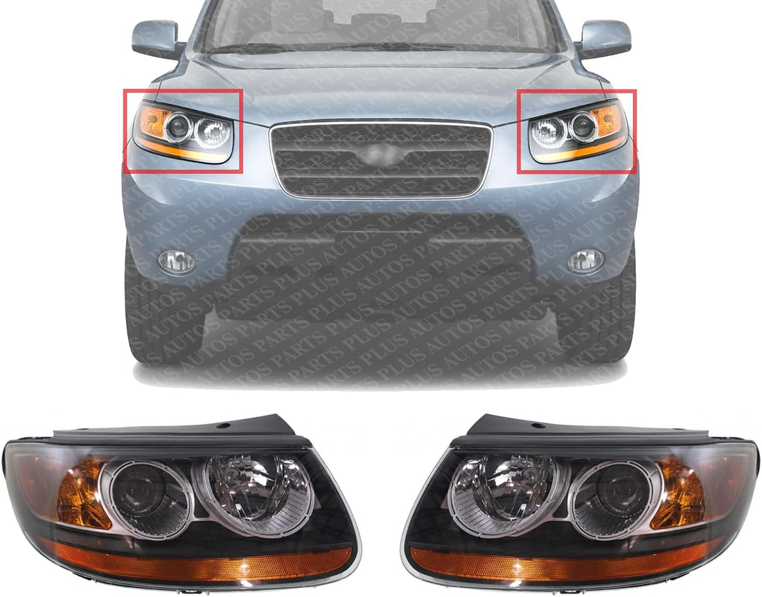 Set Of 2 Front Head Light Assembly Plastic Left Driver & Right Passenger Side Direct Replacement Compatible With 2007-2008 Hyundai Santa Fe HY2502139 HY2503139 921010W050 921020W050