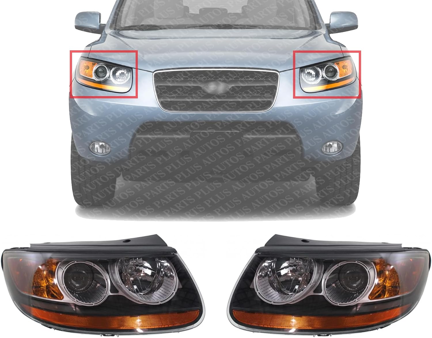 Set Of 2 Front Head Light Assembly Plastic Left Driver & Right Passenger Side Direct Replacement Compatible With 2007-2008 Hyundai Santa Fe HY2502139 HY2503139 921010W050 921020W050
