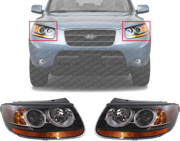 Set Of 2 Front Head Light Assembly Plastic Left Driver & Right Passenger Side Direct Replacement Compatible With 2007-2008 Hyundai Santa Fe HY2502139 HY2503139 921010W050 921020W050