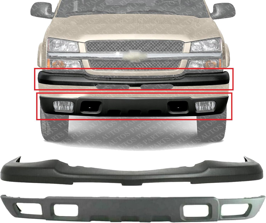 Front Bumper Upper Cover Textured + Lower Valance With Fog Light Holes Direct Replacement Compatible With 2003-2006 Chevrolet Silverado 1500 GM1092173 GM1051110 10397999 15139805