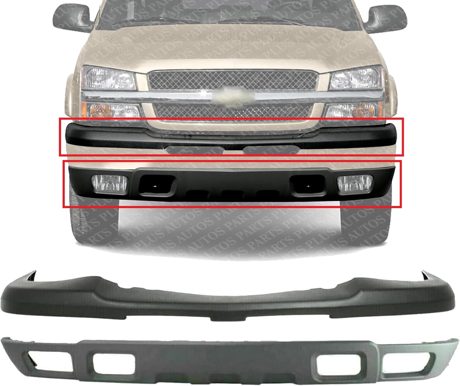 Front Bumper Upper Cover Textured + Lower Valance With Fog Light Holes Direct Replacement Compatible With 2003-2006 Chevrolet Silverado 1500 GM1092173 GM1051110 10397999 15139805